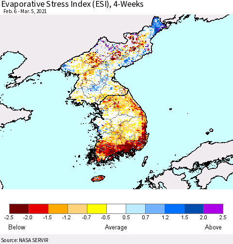 Korea Evaporative Stress Index (ESI), 4-Weeks Thematic Map For 3/1/2021 - 3/7/2021