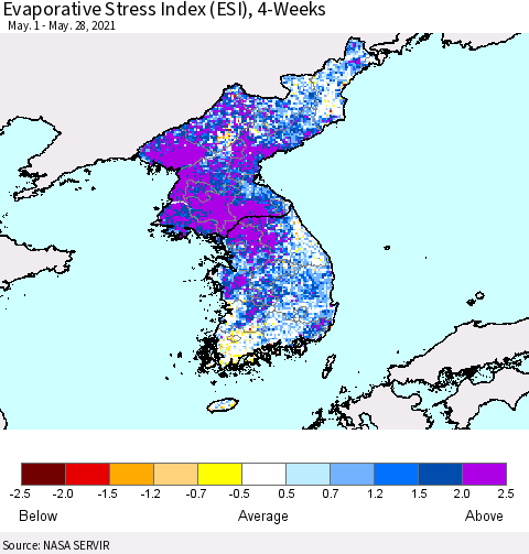 Korea Evaporative Stress Index (ESI), 4-Weeks Thematic Map For 5/24/2021 - 5/30/2021