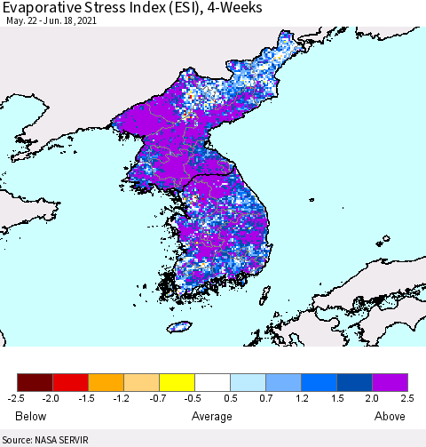 Korea Evaporative Stress Index (ESI), 4-Weeks Thematic Map For 6/14/2021 - 6/20/2021