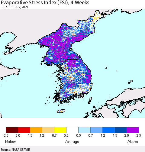 Korea Evaporative Stress Index (ESI), 4-Weeks Thematic Map For 6/28/2021 - 7/4/2021
