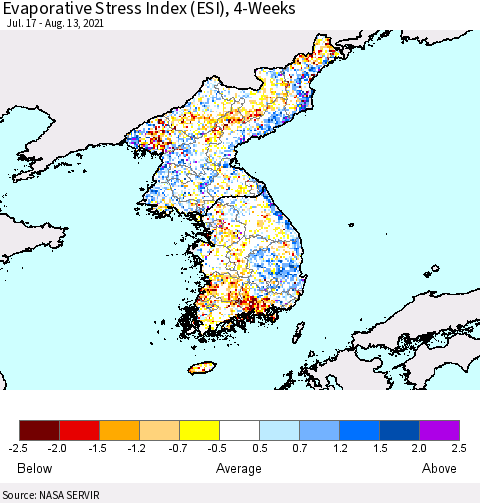 Korea Evaporative Stress Index (ESI), 4-Weeks Thematic Map For 8/9/2021 - 8/15/2021