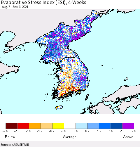 Korea Evaporative Stress Index (ESI), 4-Weeks Thematic Map For 8/30/2021 - 9/5/2021