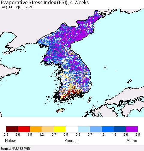 Korea Evaporative Stress Index (ESI), 4-Weeks Thematic Map For 9/6/2021 - 9/12/2021