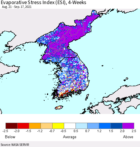 Korea Evaporative Stress Index (ESI), 4-Weeks Thematic Map For 9/13/2021 - 9/19/2021