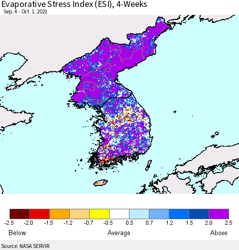 Korea Evaporative Stress Index (ESI), 4-Weeks Thematic Map For 9/27/2021 - 10/3/2021