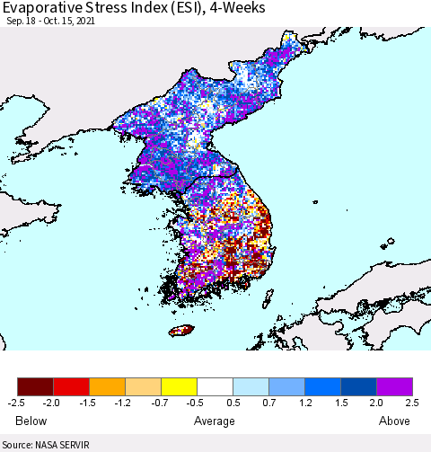Korea Evaporative Stress Index (ESI), 4-Weeks Thematic Map For 10/11/2021 - 10/17/2021