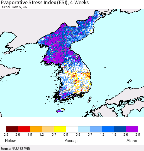 Korea Evaporative Stress Index (ESI), 4-Weeks Thematic Map For 11/1/2021 - 11/7/2021