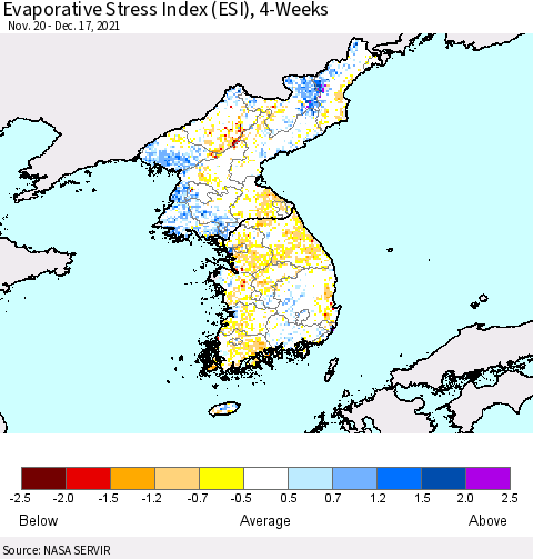 Korea Evaporative Stress Index (ESI), 4-Weeks Thematic Map For 12/13/2021 - 12/19/2021