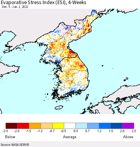 Korea Evaporative Stress Index (ESI), 4-Weeks Thematic Map For 12/27/2021 - 1/2/2022