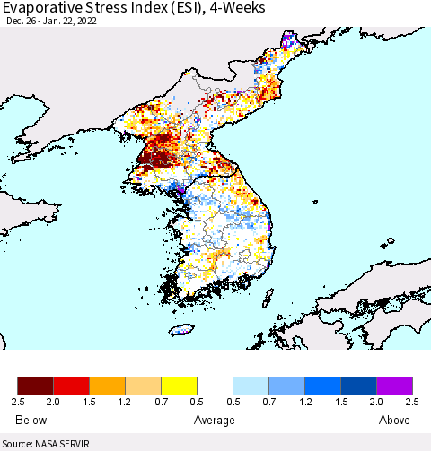 Korea Evaporative Stress Index (ESI), 4-Weeks Thematic Map For 1/17/2022 - 1/23/2022