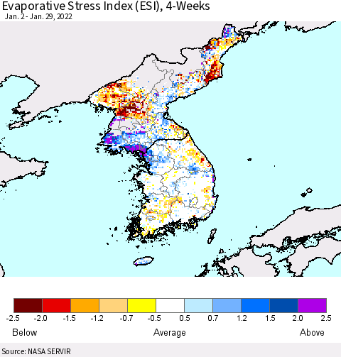 Korea Evaporative Stress Index (ESI), 4-Weeks Thematic Map For 1/24/2022 - 1/30/2022