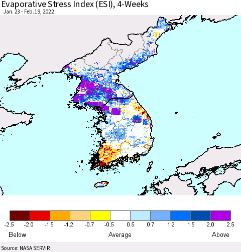 Korea Evaporative Stress Index (ESI), 4-Weeks Thematic Map For 2/14/2022 - 2/20/2022