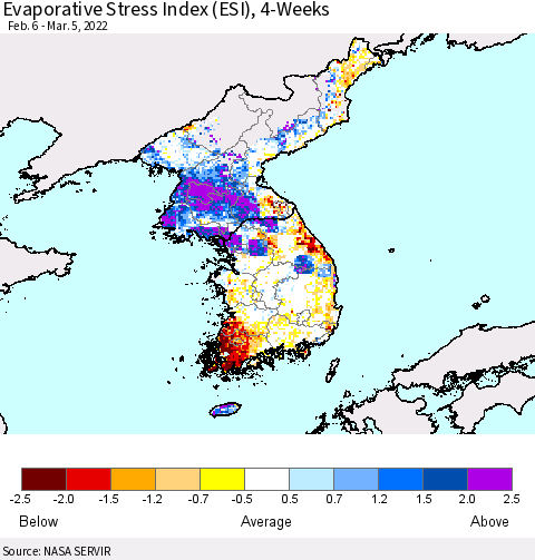 Korea Evaporative Stress Index (ESI), 4-Weeks Thematic Map For 2/28/2022 - 3/6/2022