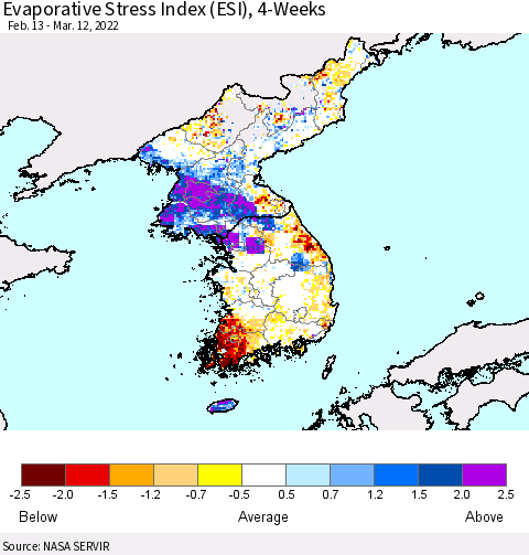 Korea Evaporative Stress Index (ESI), 4-Weeks Thematic Map For 3/7/2022 - 3/13/2022