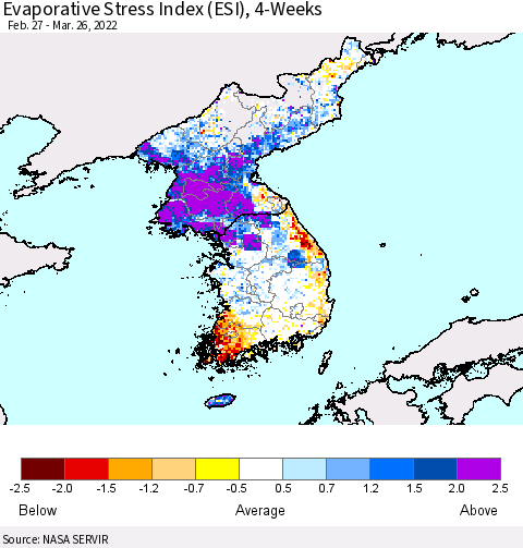 Korea Evaporative Stress Index (ESI), 4-Weeks Thematic Map For 3/21/2022 - 3/27/2022