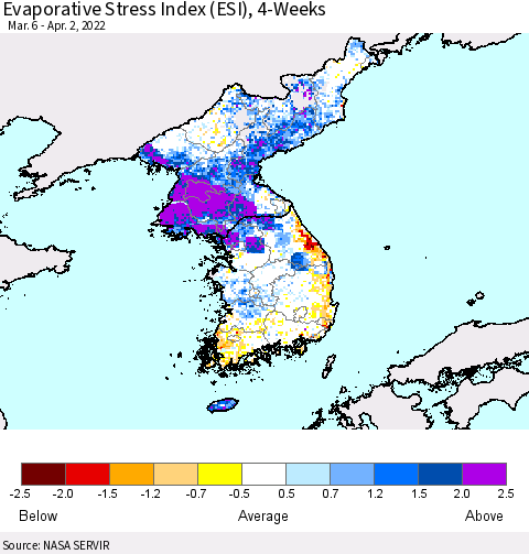 Korea Evaporative Stress Index (ESI), 4-Weeks Thematic Map For 3/28/2022 - 4/3/2022