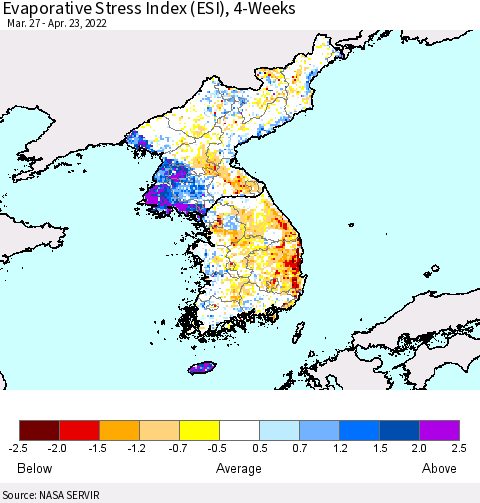 Korea Evaporative Stress Index (ESI), 4-Weeks Thematic Map For 4/18/2022 - 4/24/2022