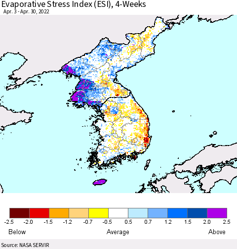 Korea Evaporative Stress Index (ESI), 4-Weeks Thematic Map For 4/25/2022 - 5/1/2022