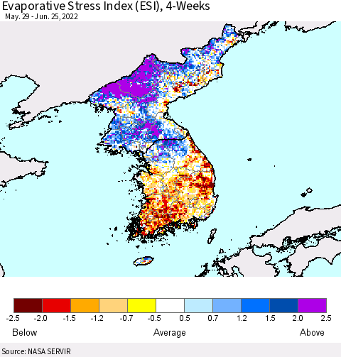 Korea Evaporative Stress Index (ESI), 4-Weeks Thematic Map For 6/20/2022 - 6/26/2022
