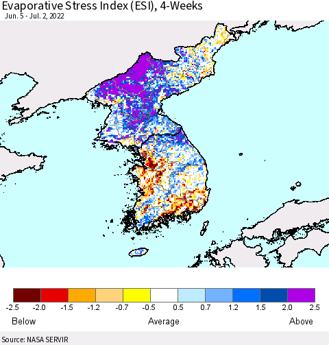 Korea Evaporative Stress Index (ESI), 4-Weeks Thematic Map For 6/27/2022 - 7/3/2022