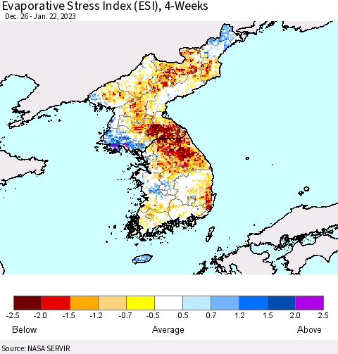 Korea Evaporative Stress Index (ESI), 4-Weeks Thematic Map For 1/16/2023 - 1/22/2023