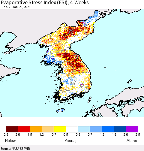 Korea Evaporative Stress Index (ESI), 4-Weeks Thematic Map For 1/23/2023 - 1/29/2023