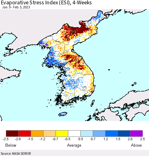 Korea Evaporative Stress Index (ESI), 4-Weeks Thematic Map For 1/30/2023 - 2/5/2023