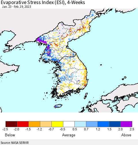 Korea Evaporative Stress Index (ESI), 4-Weeks Thematic Map For 2/13/2023 - 2/19/2023
