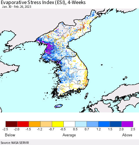 Korea Evaporative Stress Index (ESI), 4-Weeks Thematic Map For 2/20/2023 - 2/26/2023