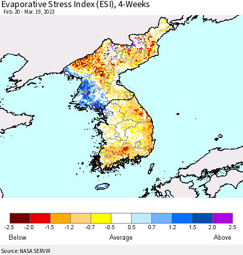 Korea Evaporative Stress Index (ESI), 4-Weeks Thematic Map For 3/13/2023 - 3/19/2023