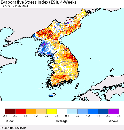 Korea Evaporative Stress Index (ESI), 4-Weeks Thematic Map For 3/20/2023 - 3/26/2023