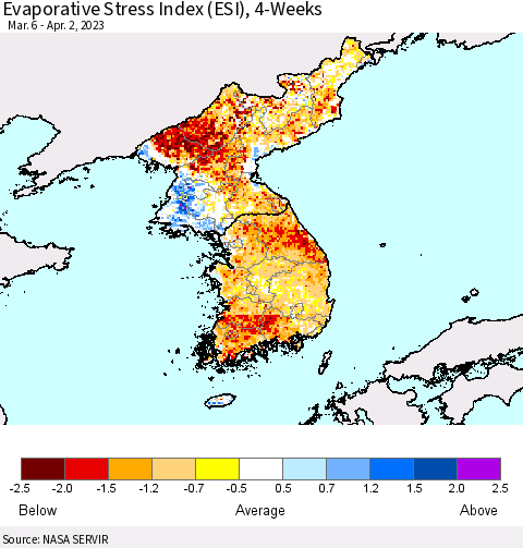 Korea Evaporative Stress Index (ESI), 4-Weeks Thematic Map For 3/27/2023 - 4/2/2023