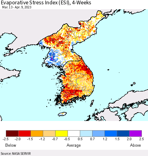 Korea Evaporative Stress Index (ESI), 4-Weeks Thematic Map For 4/3/2023 - 4/9/2023