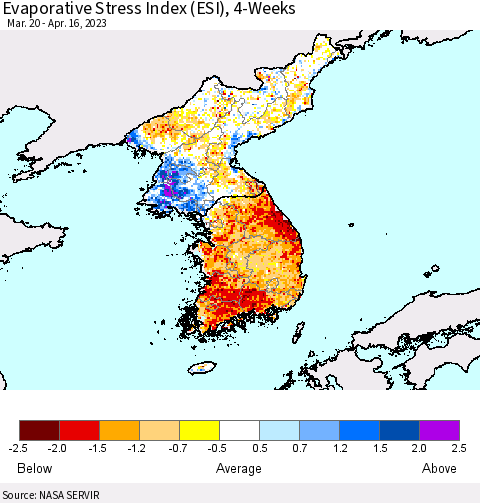 Korea Evaporative Stress Index (ESI), 4-Weeks Thematic Map For 4/10/2023 - 4/16/2023