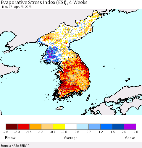 Korea Evaporative Stress Index (ESI), 4-Weeks Thematic Map For 4/17/2023 - 4/23/2023