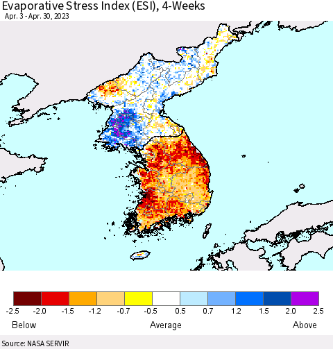 Korea Evaporative Stress Index (ESI), 4-Weeks Thematic Map For 4/24/2023 - 4/30/2023