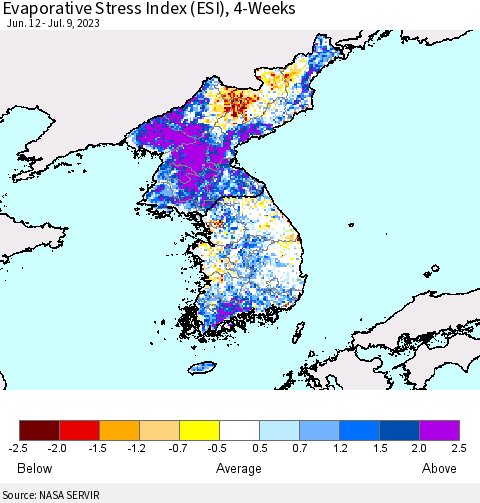 Korea Evaporative Stress Index (ESI), 4-Weeks Thematic Map For 7/3/2023 - 7/9/2023