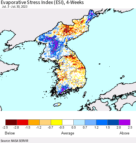 Korea Evaporative Stress Index (ESI), 4-Weeks Thematic Map For 7/24/2023 - 7/30/2023