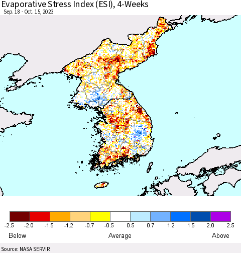 Korea Evaporative Stress Index (ESI), 4-Weeks Thematic Map For 10/9/2023 - 10/15/2023