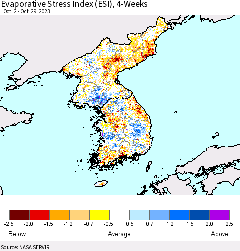 Korea Evaporative Stress Index (ESI), 4-Weeks Thematic Map For 10/23/2023 - 10/29/2023