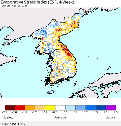 Korea Evaporative Stress Index (ESI), 4-Weeks Thematic Map For 11/20/2023 - 11/26/2023