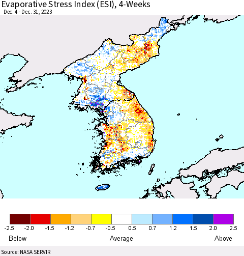 Korea Evaporative Stress Index (ESI), 4-Weeks Thematic Map For 12/25/2023 - 12/31/2023