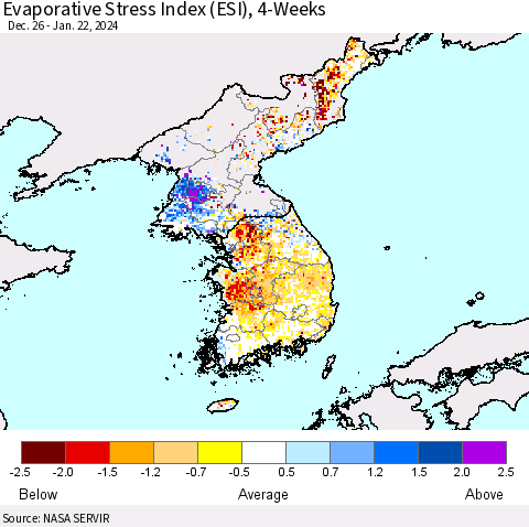Korea Evaporative Stress Index (ESI), 4-Weeks Thematic Map For 1/22/2024 - 1/28/2024