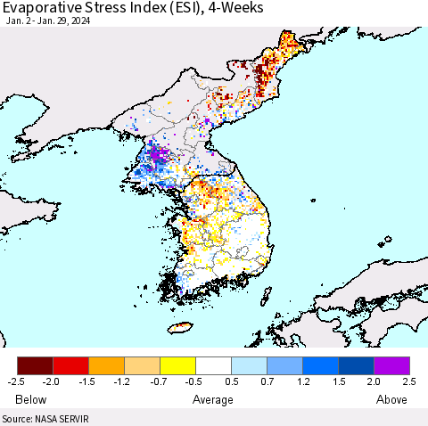 Korea Evaporative Stress Index (ESI), 4-Weeks Thematic Map For 1/29/2024 - 2/4/2024