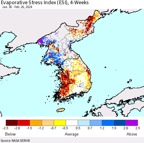 Korea Evaporative Stress Index (ESI), 4-Weeks Thematic Map For 2/26/2024 - 3/3/2024