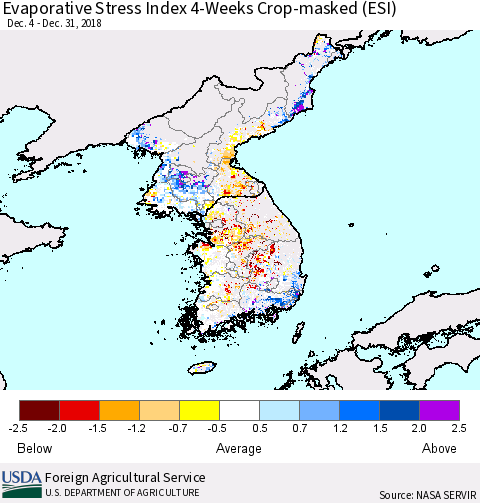 Korea Evaporative Stress Index (ESI), 4-Weeks over Croplands Thematic Map For 12/31/2018 - 1/6/2019