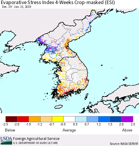 Korea Evaporative Stress Index (ESI), 4-Weeks over Croplands Thematic Map For 1/14/2019 - 1/20/2019