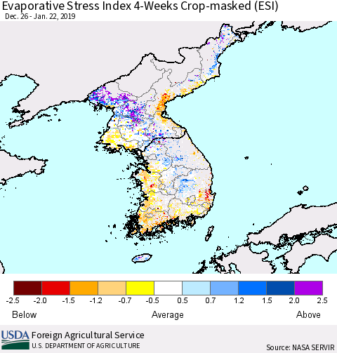 Korea Evaporative Stress Index (ESI), 4-Weeks over Croplands Thematic Map For 1/21/2019 - 1/27/2019