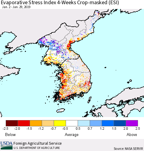 Korea Evaporative Stress Index (ESI), 4-Weeks over Croplands Thematic Map For 1/28/2019 - 2/3/2019