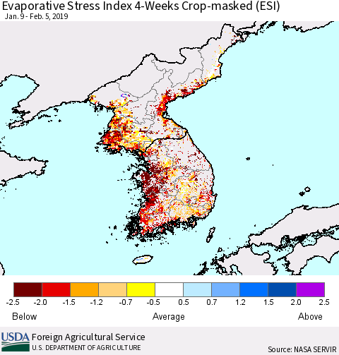 Korea Evaporative Stress Index (ESI), 4-Weeks over Croplands Thematic Map For 2/4/2019 - 2/10/2019